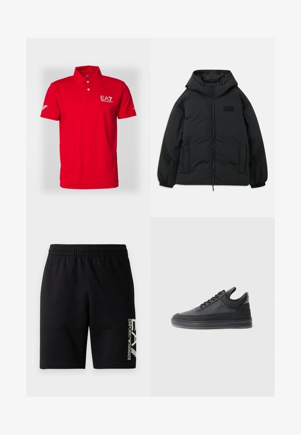 Crna podstavljena jakna s kapuljačom, prednjim zipom, bočnim džepovima, elastičnim manžetama i teksturiranim panelom na rukavima. Sadrži utisnuti logo.; Crvena polo majica od glatke tkanine, s dva gumba na ovratniku, kratkim rukavima i EA7 logom na prsima i rukavu.; EA7 Emporio Armani TRAIN VISIBILITY - Kratke hlače - black/cream; Crne kožne tenisice s teksturiranom površinom, s vezicama, niskog su kroja i sivoj gumenoj potplati koja ima rebrasti rub.