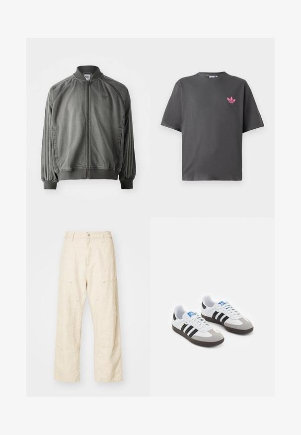 Γκρίζα αθλητική ζακέτα με ριγέ γιακά και μανσέτες, φερμουάρ πλήρους μήκους, πλαϊνές λωρίδες και μικρό λογότυπο στο στήθος. Μαλακή υφή.; Σκούρο γκρι κοντομάνικο Τ-shirt με μικρό ροζ λογότυπο trefoil της Adidas στην αριστερή πλευρά του στήθους, προβαλλόμενο σε λευκό φόντο.; Καμπάνες από λινό υλικό σε ανοιχτό μπεζ, με μπροστινές τσέπες, κουμπί κλεισίματος και ορατές λεπτομέρειες ραφής για πρόσθετη υφή.; Αθλητικά παπούτσια με άσπρη δερμάτινη πάνω επιφάνεια, γκρι σουέτ μύτη και τρεις μαύρες ρίγες. Διαθέτουν μπλε λογότυπο στη γλώσσα και υφασμένο καουτσούκ σόλα.