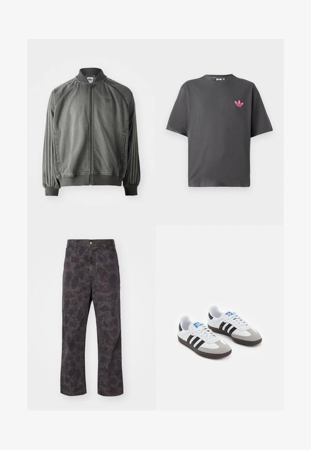 Szary żakiet sportowy z prążkowanym kołnierzem i mankietami, z zamkiem błyskawicznym na całej długości, bocznymi paskami oraz małym logo na klatce piersiowej. Miękka tekstura.; Ciemnoszara koszulka z krótkim rękawem z małym różowym logo trefoil Adidas na lewej piersi, zaprezentowana na białym tle.; Carhartt WIP - Spodnie materiałowe; Buty sportowe z białą skórzaną cholewką, szarym zamszowym noskiem i trzema czarnymi paskami. Posiadają niebieskie logo na języku oraz teksturowaną gumową podeszwę.