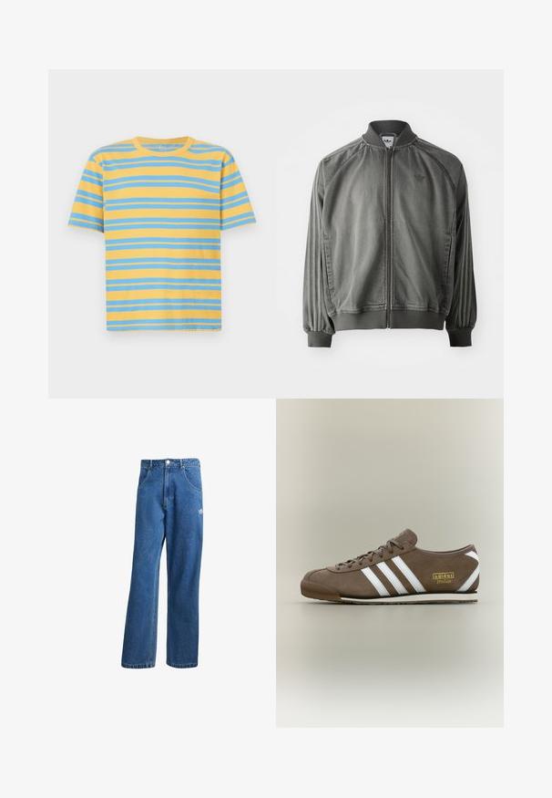 Sivý športový sako s rebrovaným golierom a manžetami, plným zipsom, bočnými pruhmi a malým logom na hrudi. Mäkká textúra.; Pruhované tričko v žltej a modrej farbe, vyrobené z bavlny. Má klasický okrúhly výstrih, krátke rukávy a vodorovné pruhy.; Modré riflové nohavice s vysokým pásom a širokým strihom, s prednými vreckami, pútkami na opasok, zapínaním na gombík a malým logom Adidas na pravej stehne.; Hnedá semišová teniska s tromi bielymi pruhmi, plochou gumovou podrážkou, zaoblenou špičkou a zlatým logom "adidas Italia" na boku.