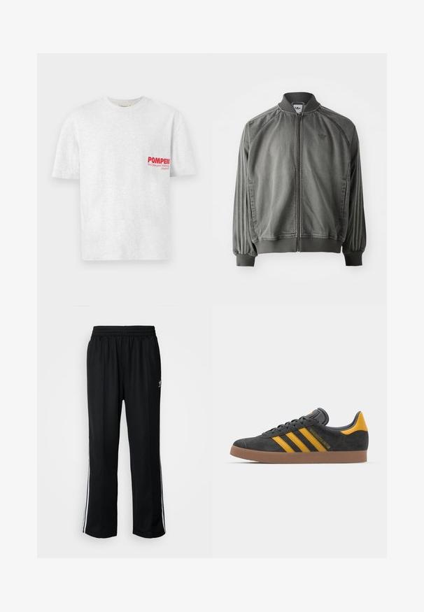 Gray sports jacket featuring ribbed collar and cuffs, full-length zipper, side stripes, and a small logo on the chest. Soft texture.; Gray cotton t-shirt with short sleeves and a round neckline. Features red text "POMPEII" and "We Champion Walking (Madrid)" on the left chest.; Black athletic pants with an elastic waistband, featuring white side stripes and a small logo. Material appears soft and lightweight.; Black suede sneaker with yellow accents, featuring three stripes and a brown rubber sole. Includes a padded tongue for comfort.