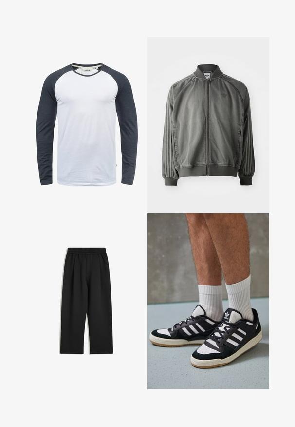 Sivi sportski sako s rebrastim ovratnikom i manžetama, punim zatvaračem, bočnim prugama i malim logom na prsima. Mekana tekstura.; Majica dugih rukava s bijelim tijelom i tamno sivim raglan rukavima. Izrađena od glatke tkanine s okruglim izrezom i suptilnim detaljima šavova.; Crne hlače širokih nogavica s elastičnim pojasom i bočnim džepovima, prikazane ravno na bijeloj pozadini.; Crne i bijele tenisice s gornjim dijelom od antilopa i kože, s tri bijele pruge, perforiranim prstom i gumiranim potplatom.