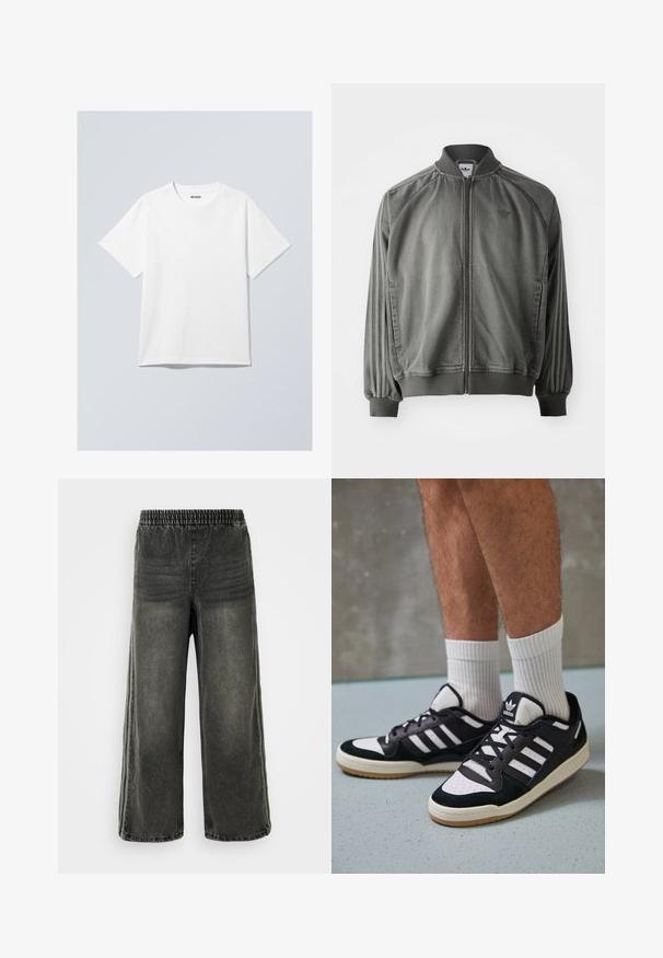 Szary żakiet sportowy z prążkowanym kołnierzem i mankietami, z zamkiem błyskawicznym na całej długości, bocznymi paskami oraz małym logo na klatce piersiowej. Miękka tekstura.; Biała bawełniana koszulka z okrągłym dekoltem, krótkimi rękawami i luźnym krojem. Ma etykietę z nazwą marki "WEEKDAY" na dekolcie.; Czarne spodnie dżinsowe z efektem przetarcia, z elastycznym pasem i szerokimi nogawkami, z delikatnymi pionowymi szwami po bokach.; Czarno-białe sneakersy z zamszową i skórzaną cholewką, z trzema białymi paskami, perforowanym czubkiem i gumową podeszwą w kolorze gumy.