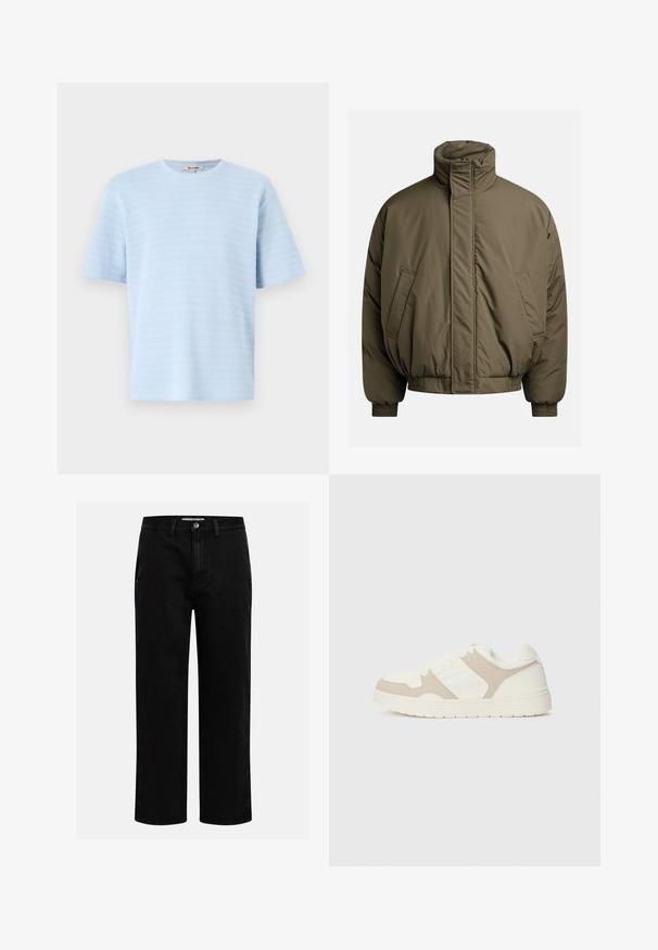 Jachetă căptușită de culoare verde măslinie, cu guler înalt, manșete elastice și buzunare laterale. Textură netedă cu o formă relaxată, de tip boxy.; Pulover tricotat de culoare bej, cu modele texturate. Prezintă un guler rotund, mansete ribbate și diverse modele de tricotaj în cablu pe partea din față.; Tricou scurt, bleu deschis, dintr-un material tricotat texturat, cu detalii în dungi orizontale. Decolteu rotund și croială lejeră.; Pantaloni din denim negri cu croi drept, design clasic cu cinci buzunare și închidere cu nasture la talie. Textură netedă și material durabil.; Adidași albi și bej, cu o combinație de texturi netede și din suede, vârf rotund, închidere cu șireturi și talpă plată din cauciuc.