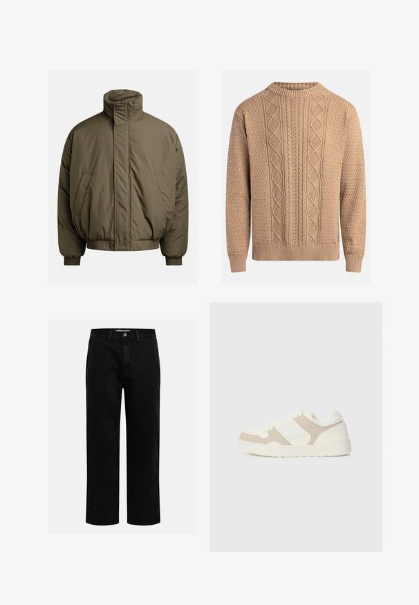 Padded jacket in olive green, featuring a high collar, elastic cuffs, and side pockets. Smooth texture with a relaxed, boxy shape.; Knit sweater in beige with textured patterns. Features a crew neck, ribbed cuffs, and varied cable knit designs across the front.; Black denim pants with a straight-leg cut, classic five-pocket design, and a button closure at the waist. Smooth texture and durable fabric.; White and beige sneaker featuring a combination of smooth and suede textures, round toe, lace-up closure, and a flat rubber sole.