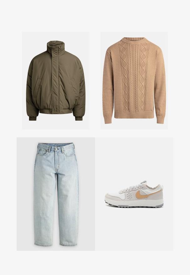 Jachetă căptușită de culoare verde măslinie, cu guler înalt, manșete elastice și buzunare laterale. Textură netedă cu o formă relaxată, de tip boxy.; Pulover tricotat de culoare bej, cu modele texturate. Prezintă un guler rotund, mansete ribbate și diverse modele de tricotaj în cablu pe partea din față.; Blugi din denim de culoare albastru deschis, cu croială dreaptă, cinci buzunare și închidere cu nasture; prezintă zone decolorate și detalii subtile de cusătură.; Adidași ușori cu un amestec de țesătură albă și suede gri. Prezintă un logo Nike de culoare bej, talpă gri și perforații subtile pe lateral.
