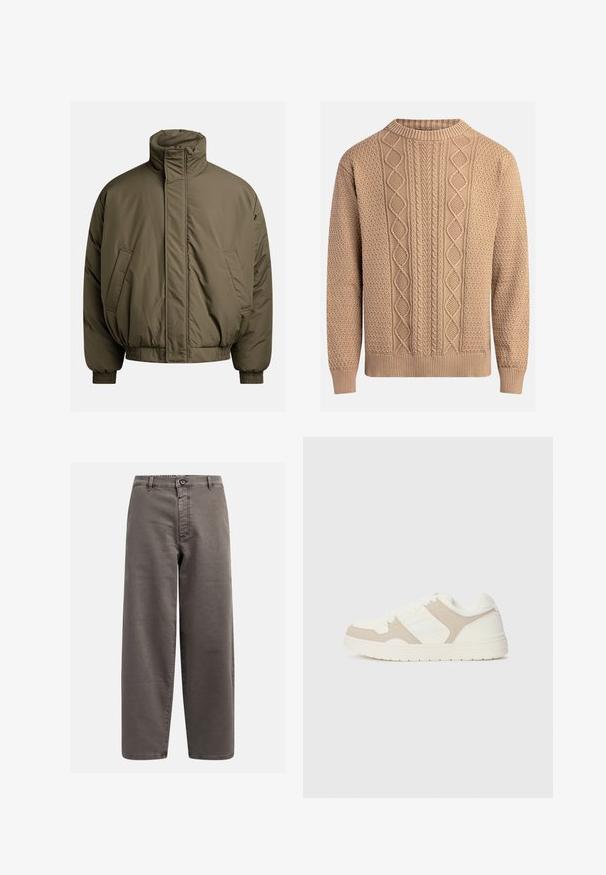 Polstret jakke i olivengrønn, med høy krage, elastiske mansjetter og sidelommer. Glatt tekstur med en avslappet, boksformet fasong.; Strikkegenser i beige med teksturerte mønstre. Har rund hals, ribbestrikkede mansjetter og varierte kabelstrikkedesign over fronten.; Grå vide bukser lavet af bomuldsblanding; har knaplukning, bæltestropper og forlommer; glat, holdbart materiale.; Hvit og beige sneaker med en kombinasjon av glatt og semsket tekstur, rund tå, snøring og en flat gummisåle.