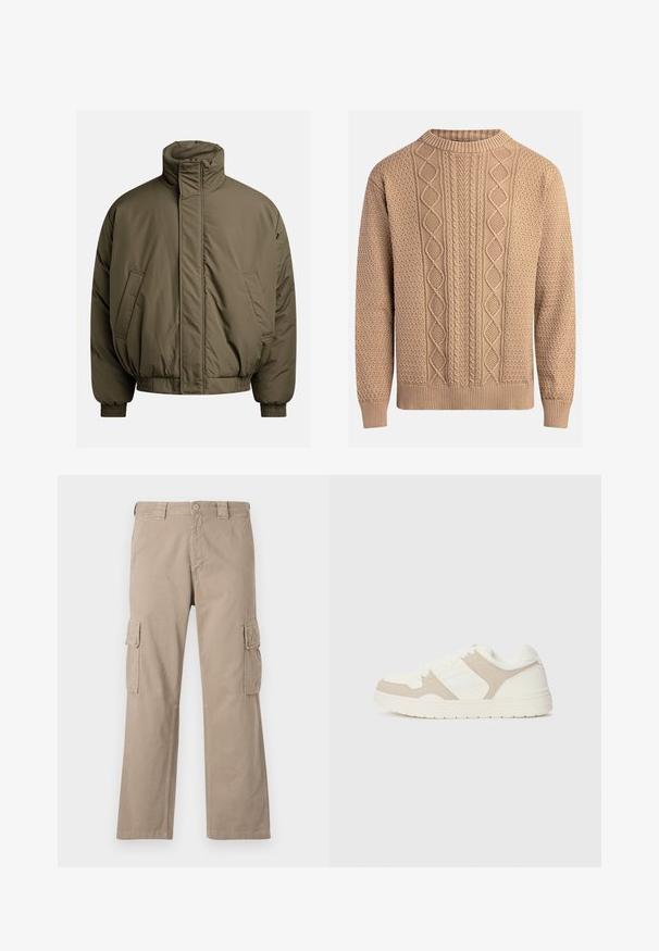 Padded jacket w kolorze oliwkowym, z wysokim kołnierzem, elastycznymi mankietami i bocznymi kieszeniami. Gładka tekstura i luźny, prostokątny fason.; Beżowy sweter wykonany na drutach z teksturowanymi wzorami. Posiada okrągły dekolt, ściągacze przy mankietach oraz różnorodne wzory w warkocze na przodzie.; Beżowe spodnie cargo wykonane z bawełny, z prostymi nogawkami, wyposażone w dwie kieszenie cargo po bokach oraz zapięcie na guzik w talii.; Białe i beżowe sneakersy z połączeniem gładkich i zamszowych faktur, okrągłym noskiem, sznurowanym zapięciem oraz płaską gumową podeszwą.