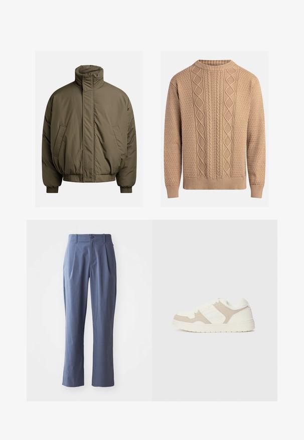 Padded jacket in olive green, featuring a high collar, elastic cuffs, and side pockets. Smooth texture with a relaxed, boxy shape.; Knit sweater in beige with textured patterns. Features a crew neck, ribbed cuffs, and varied cable knit designs across the front.; Navy blue trousers with pleats, straight cut, made of lightweight fabric, featuring a single front button closure and belt loops.; White and beige sneaker featuring a combination of smooth and suede textures, round toe, lace-up closure, and a flat rubber sole.