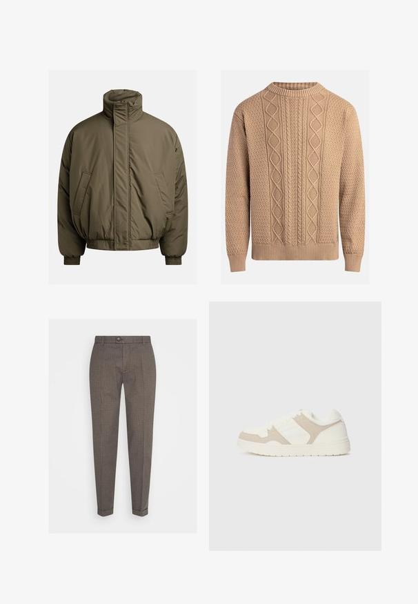 Polstret jakke i olivengrøn med høj krave, elastiske manchetter og sidelommer. Glat tekstur med en afslappet, rummelig pasform.; Striktrøje i beige med strukturerede mønstre. Har rund hals, ribkantede ærmer og varierende kabelstrikdesigns på forsiden.; Brune og sorte ternede bukser med slim fit, knaplukning og flad front. Fremstillet af vævet stof, der har en glat tekstur og skræddersyet design.; Hvide og beige sneakers med en kombination af glatte og ruskindseffekter, rund tå, snørelukning og flad gummisål.