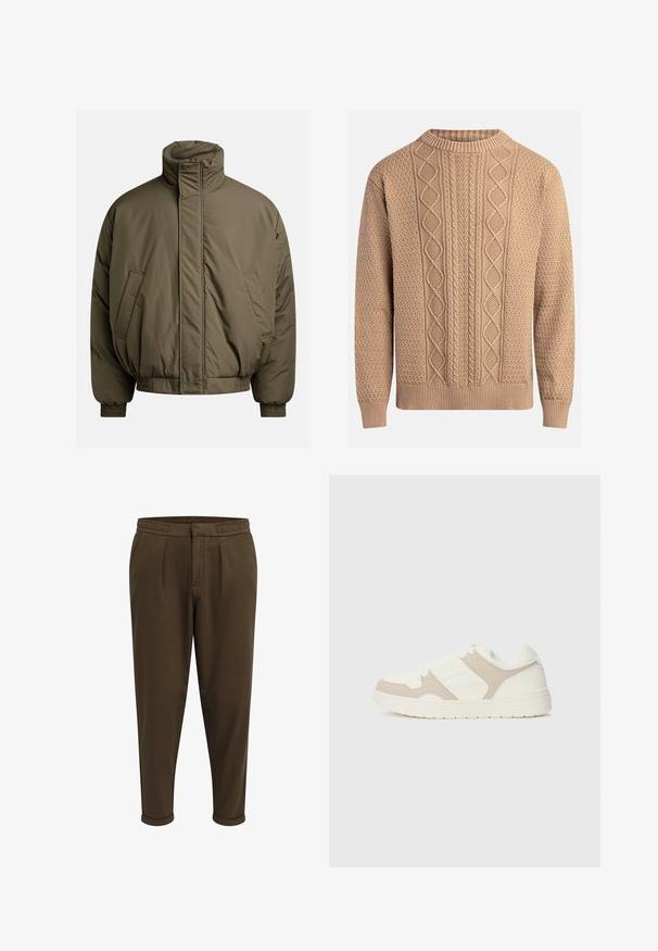 Vaatteet teollisuuden henkeä edustava oliivinvihreä pehmustettu takki, jossa on korkea kaulus, joustuvat hihansuut ja sivutaskut. Suora tekstuuri, rento ja laatikkomainen malli.; Knittröja i beige med texturerade mönster. Har rundad hals, ribbade ärmslut och varierande flätningsmönster över framsidan.; Redefined Rebel JOHNNY CROPPED SLIM FIT - Housut - tarmac; Valkoiset ja beigeit tennarit, joissa on yhdistelmä sileitä ja mokkapintaisia tekstejä, pyöreä kärki, nauhakiinnitys ja litteä kumipohja.