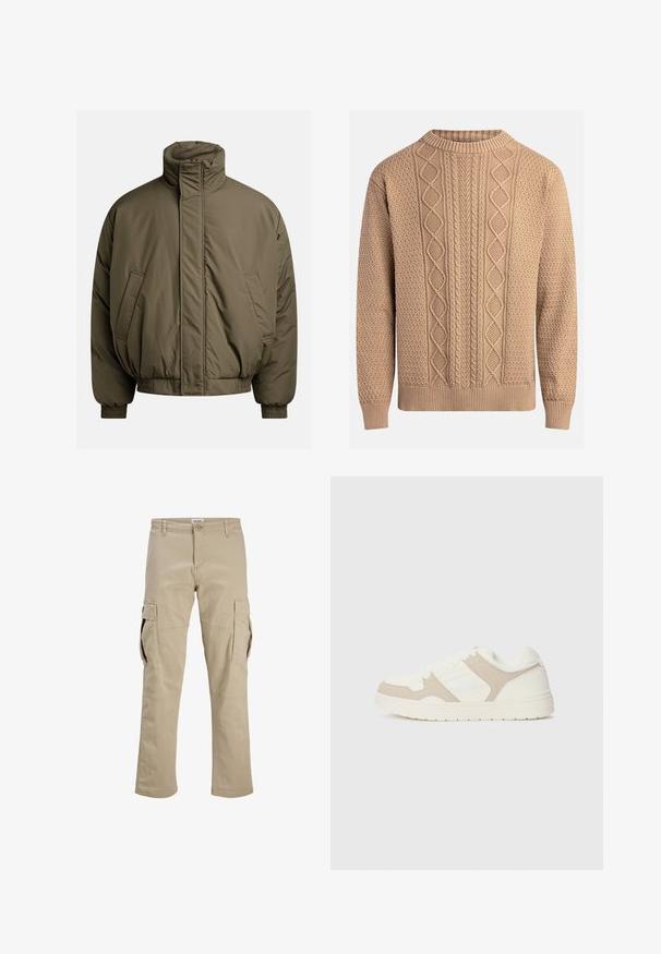 Doudoune en vert olive, présentant un col montant, des poignets élastiques et des poches latérales. Texture lisse avec une coupe décontractée et ample.; Pull en tricot beige avec des motifs texturés. Il présente un col rond, des poignets côtelés et des designs de tricot en câble variés sur le devant.; Pantalons cargo beiges en coton, dotés de plusieurs poches latérales, d'une fermeture éclair et d'une coupe droite. Texture lisse avec des coutures renforcées.; Baskets blanches et beiges présentant une combinaison de textures lisses et en daim, un bout rond, un système de laçage et une semelle en caoutchouc plate.