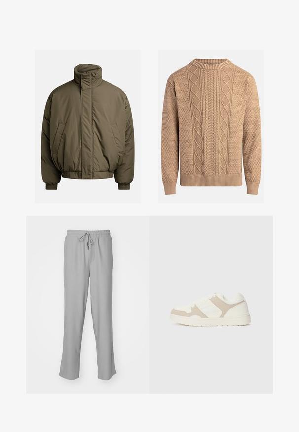 Prešívaná bunda v olivovej zelenej farbe s vysokým golierom, elastickými manžetami a bočnými vreckami. Hladká textúra s uvoľneným, štvorcovým strihom.; Pletený sveter v béžovej farbe s textúrovanými vzormi. Má okrúhly výstrih, rebrované manžety a rôzne dizajny kabelkového pletenia na prednej strane.; Sivé rebrované nohavice s elastickým pásom a nastaviteľnou šnúrkou. Majú bočné vrecká a voľný strih cez nohavice.; Biele a béžové tenisky s kombináciou hladkej a semišovej textúry, okrúhlym špičkou, šnurovaním a plochou gumovou podrážkou.