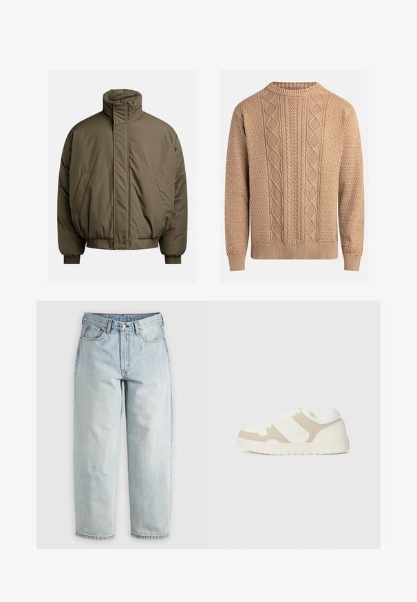 Naplavljena jakna u maslinastoj zelenoj boji, s visokim ovratnikom, elastičnim manžetama i bočnim džepovima. Glatka tekstura i opušten oblik.; Pletena veste u bež boji s teksturiranim uzorcima. Ima okrugli izrez, rebraste manžetne i raznolike kabel pletene dizajne na prednjem dijelu.; Svijetloplavi traperice ravnog kroja, s pet džepova i kopčanjem na gumbe; imaju izblijedjela područja i suptilne detalje šivanja.; Bijele i bež tenisice s kombinacijom glatkih i antilop tekstura, okruglim prstima, vezanjem i ravnim gumenim potplatom.