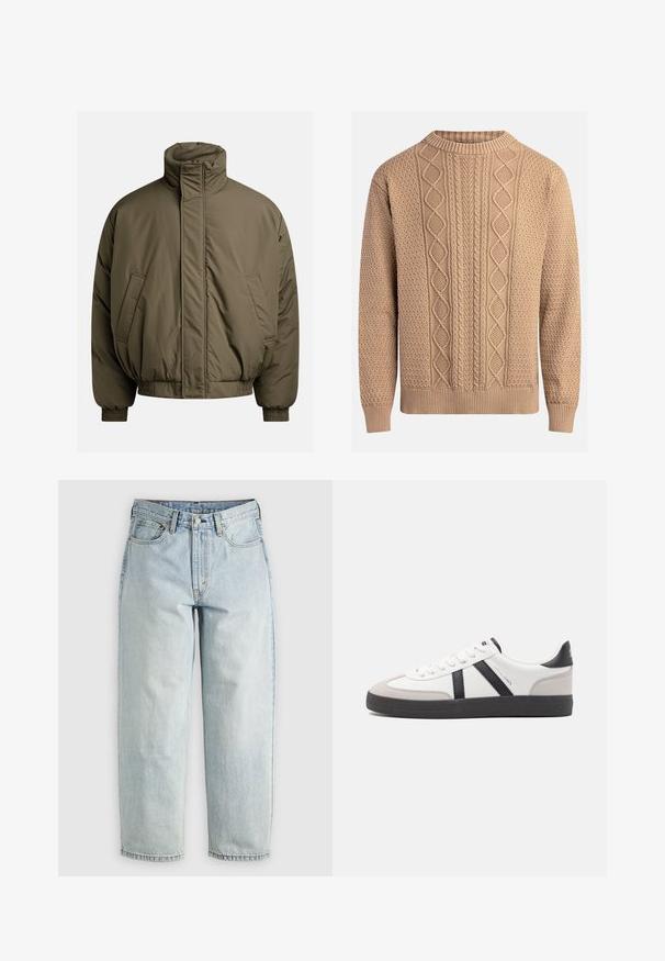 Polstret jakke i olivengrønn, med høy krage, elastiske mansjetter og sidelommer. Glatt tekstur med en avslappet, boksformet fasong.; Strikkegenser i beige med teksturerte mønstre. Har rund hals, ribbestrikkede mansjetter og varierte kabelstrikkedesign over fronten.; Lyse blå denimjeans med rett ben, fem lommer og knappestang; har falmede områder og subtile sømdetaljer.; Hvite sneakers med svarte og grå detaljer, med en teksturert grå tåhette, svart gummisåle, og flate hvite lisser. Rent design, minimalistisk stil.