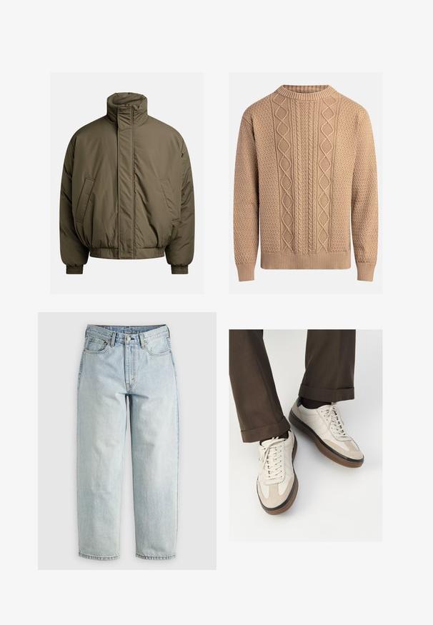 Padded jacket w kolorze oliwkowym, z wysokim kołnierzem, elastycznymi mankietami i bocznymi kieszeniami. Gładka tekstura i luźny, prostokątny fason.; Beżowy sweter wykonany na drutach z teksturowanymi wzorami. Posiada okrągły dekolt, ściągacze przy mankietach oraz różnorodne wzory w warkocze na przodzie.; Jasnoniebieskie dżinsy z prostą nogawką, pięcioma kieszeniami i zapięciem na guziki; mają wyblakłe obszary i subtelne detale szycia.; Beżowe sneakersy z teksturowanym zamszowym przodem, gładkimi skórzanymi bokami i brązową gumową podeszwą. Zawierają sznurówki oraz subtelne detale w dwóch kolorach.