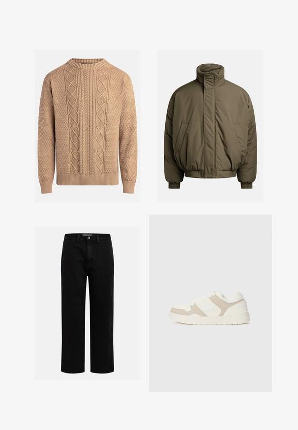 Prešívaná bunda v olivovej zelenej farbe s vysokým golierom, elastickými manžetami a bočnými vreckami. Hladká textúra s uvoľneným, štvorcovým strihom.; Pletený sveter v béžovej farbe s textúrovanými vzormi. Má okrúhly výstrih, rebrované manžety a rôzne dizajny kabelkového pletenia na prednej strane.; Čierne džínsové nohavice so strihom rovného nohu, klasickým dizajnom s piatimi vreckami a gombíkovým zapínaním v páse. Hladká textúra a odolná tkanina.; Biele a béžové tenisky s kombináciou hladkej a semišovej textúry, okrúhlym špičkou, šnurovaním a plochou gumovou podrážkou.