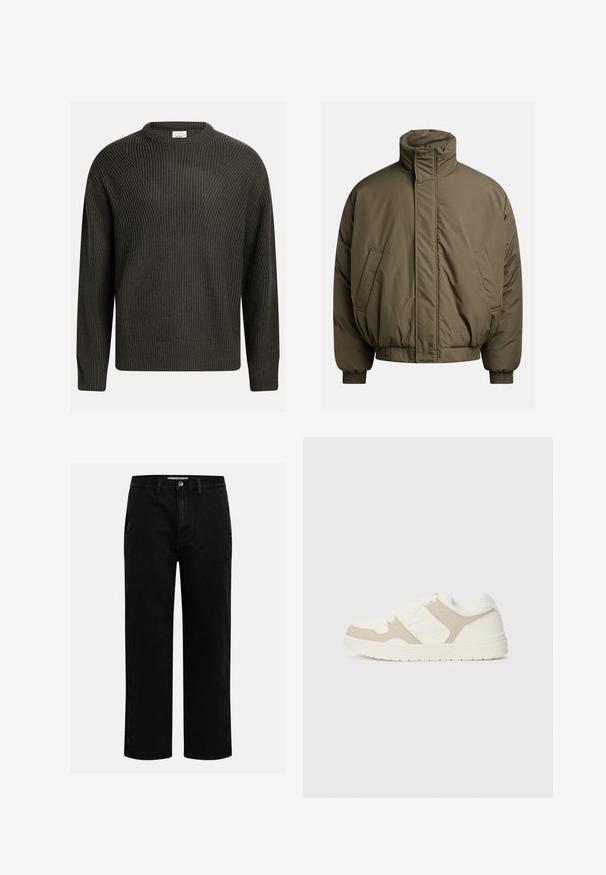 Jachetă căptușită de culoare verde măslinie, cu guler înalt, manșete elastice și buzunare laterale. Textură netedă cu o formă relaxată, de tip boxy.; Pulover gros, de culoare verde închis, tricotat, cu decolteu rotund, umeri căzuți și un model texturat pe întreaga suprafață. Mansete și tiv cu nervuri.; Pantaloni din denim negri cu croi drept, design clasic cu cinci buzunare și închidere cu nasture la talie. Textură netedă și material durabil.; Adidași albi și bej, cu o combinație de texturi netede și din suede, vârf rotund, închidere cu șireturi și talpă plată din cauciuc.