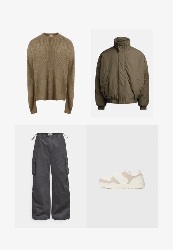 Podložena jakna v olivno zeleni barvi, z visokim ovratnikom, elastičnimi manšetami in stranskimi žepi. Gladka tekstura z sproščenim, kvadratnim krojem.; Redefined Rebel MILTON BOXY FIT - Pulover - sand; Sive hlače s teksturirano tkanino, elastičnim pasom, vrvico in stranskimi žepi. Ohlapen kroj z širokimi nogavicami.; Bež in bela športna obuvala z mešanico gladkih in semiš tekstur, okroglo konico, vezalni sistem in raven gumijast podplat.