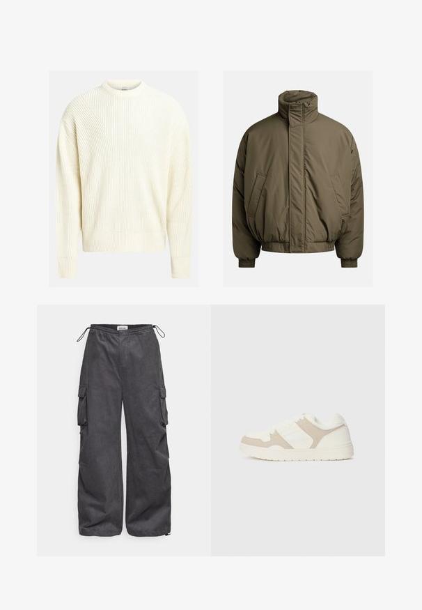 Padded jacket in olive green, featuring a high collar, elastic cuffs, and side pockets. Smooth texture with a relaxed, boxy shape.; Light cream knitted sweater with a ribbed texture, round neckline, and dropped shoulders; features a relaxed fit and a solid color.; Gray cargo pants with a textured fabric, elastic waistband, drawstring, and side pocket details. Loose fit with wide legs.; White and beige sneaker featuring a combination of smooth and suede textures, round toe, lace-up closure, and a flat rubber sole.