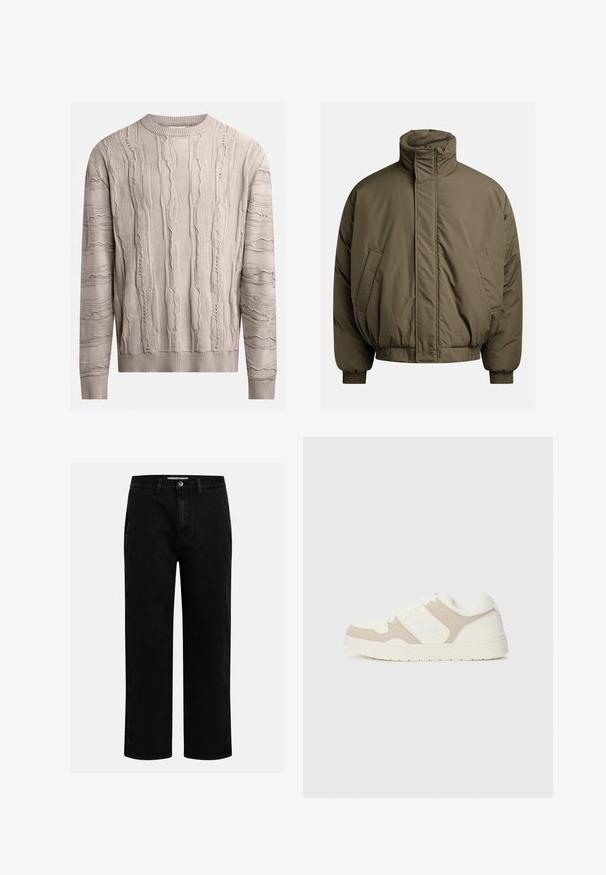 Žaliosios alyvuogės spalvos pufferis, turintis aukštą apykaklę, elastingus rankogalius ir šonines kišenes. Lygi tekstūra su laisvu, stačiakampiu fasonu.; Šviesiai smėlinis megztinis su tekstūruotais, iškiliais raštais. Ilgos rankovės, iškilus apykaklės ir apatinės dalies kraštas. Audinys atrodo minkštas su šiek tiek netaisyklingu dizainu.; Juodi džinsai su tiesiu kirpimu, klasikinio penkių kišenių dizainu ir mygtuko užsegimu juosmens zonoje. Lygus tekstūras ir patvari medžiaga.; Baltos ir smėlio spalvos sportbačiai, turintys sklandžių ir zomšinių tekstūrų derinį, apvalūs pirštai, su raištelių užsegimu ir plokščiu guminio pado dizainu.