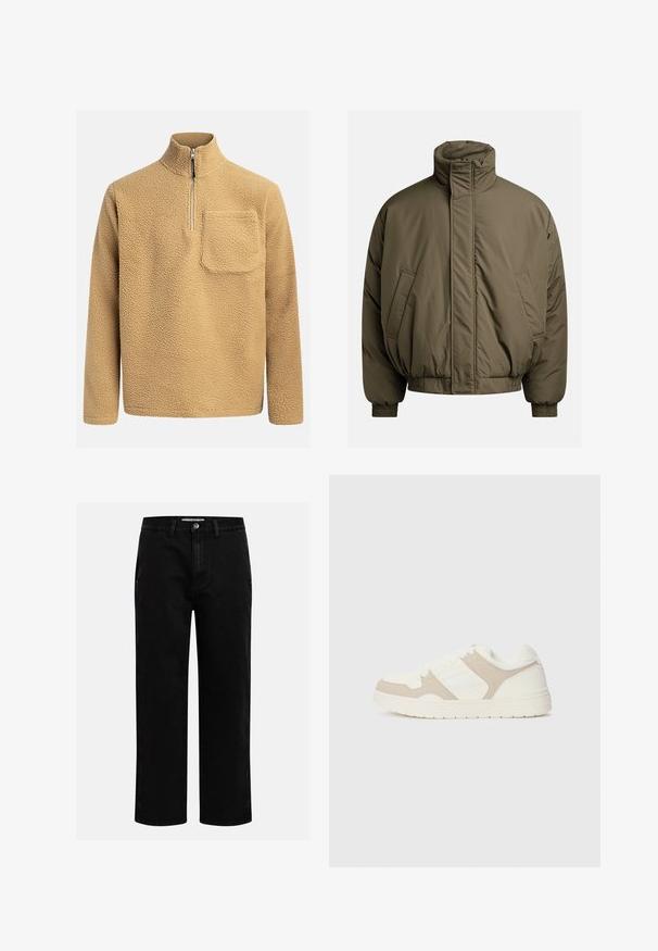 Padded jacket w kolorze oliwkowym, z wysokim kołnierzem, elastycznymi mankietami i bocznymi kieszeniami. Gładka tekstura i luźny, prostokątny fason.; Beżowy polarowy sweter z wysokim kołnierzem, pół-zamkiem z przodu i kieszenią na piersi. Teksturowany materiał o miękkim i przytulnym wyglądzie.; Czarne dżinsy o prostym kroju nogawki, klasyczny pięć kieszeniowy design oraz zapięcie na guzik w talii. Gładka tekstura i trwały materiał.; Białe i beżowe sneakersy z połączeniem gładkich i zamszowych faktur, okrągłym noskiem, sznurowanym zapięciem oraz płaską gumową podeszwą.