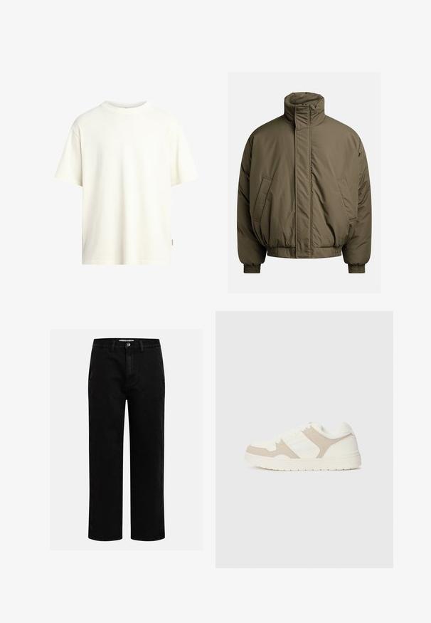 Giacca imbottita verde oliva, con colletto alto, polsini elasticizzati e tasche laterali. Tessuto liscio con una forma rilassata e ampia.; T-shirt a maniche corte, con collo rotondo, di colore avorio, realizzato in morbido cotone, caratterizzato da un taglio dritto e un design minimalista senza motivi.; Pantaloni in denim nero con taglio dritto, design classico a cinque tasche e chiusura con bottone in vita. Tessuto liscio e materiale resistente.; Sneaker bianca e beige caratterizzata da una combinazione di texture liscia e scamosciata, punta rotonda, chiusura con lacci e suola in gomma piatta.