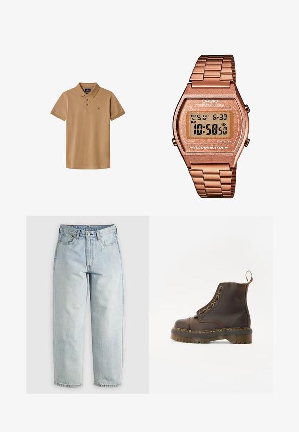 Paddad jacka i olivgrönt, med hög krage, elastiska ärmslut och sidofickor. Slät textur med en avslappnad, boxig form.; Kastanjebrun polo skjorta i bomull, med en två-knappars krage, broderad logotyp och korta ärmar med ribbad mudd.; Ljusblå denimjeans med rak passform, fem fickor och knappstängning; har blekta områden och subtila sömnadsdetaljer.; Brun läderankelboot med rund tå, kontrasterande gul söm, dekorativa metallhål och en räfflad gummisula.; Digital Casio-klocka med armband i roséguld, rektangulärt hölje, belyst display och vattentålighet, som visar tid och datum.