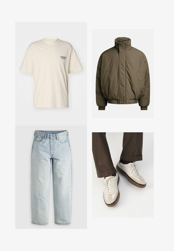 Paddad jacka i olivgrönt, med hög krage, elastiska ärmslut och sidofickor. Slät textur med en avslappnad, boxig form.; Kortärmad krämfärgad t-shirt i bomull. Har en liten blå "ORIGINALS"-logotyp på vänster bröst. Klassisk passform och rund halsringning.; Ljusblå denimjeans med rak passform, fem fickor och knappstängning; har blekta områden och subtila sömnadsdetaljer.; Beige sneakers med en texturerad mockafront, släta lädersidor och en brun gummisula. Snörning och ljusa sömdetaljer ingår.