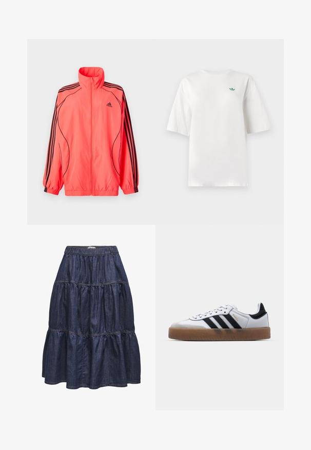 Fényes pink színű, cipzáros dzseki magas gallérral, fekete részletekkel és mindkét ujján három fekete csíkkal; könnyű, sima anyagból készült.; Fehér pamut póló, rövid ujjal és kerek nyakkivágással. Egy kis zöld logó található a bal mellrészen.; Sötétkék farmer szoknya, réteges dizájnnal, elasztikus derékkal és fodros szegéllyel. Puha, struktúrált anyagból készült, látható varrási részletekkel.; Fehér bőr sportcipők fekete csíkokkal, gumiabroncsos talppal, kerek orral, fűzős záródással és puha szürke velúr orrésszel.