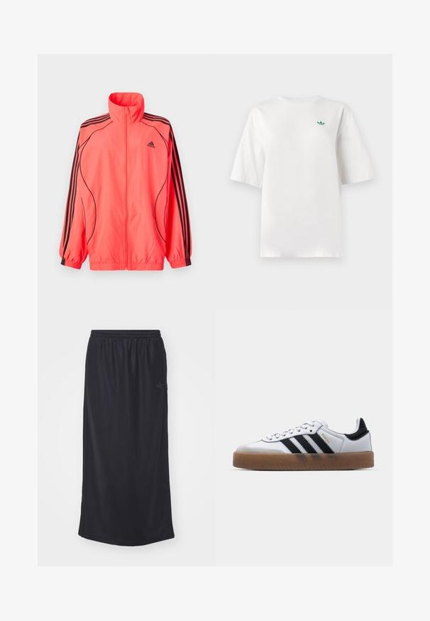 Fényes pink színű, cipzáros dzseki magas gallérral, fekete részletekkel és mindkét ujján három fekete csíkkal; könnyű, sima anyagból készült.; Fehér pamut póló, rövid ujjal és kerek nyakkivágással. Egy kis zöld logó található a bal mellrészen.; Fekete sport szoknya könnyű anyagból, elasztikus derékrésszel és oldalsó cipzáras zsebekkel. Sima textúra, minimális logózással.; Fehér bőr sportcipők fekete csíkokkal, gumiabroncsos talppal, kerek orral, fűzős záródással és puha szürke velúr orrésszel.