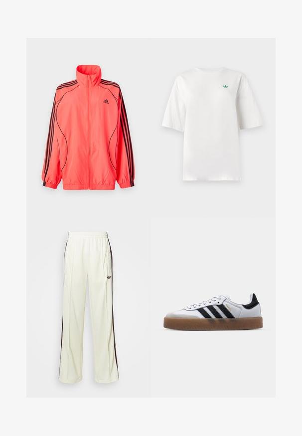 Bright pink zip-up jacket with high collar, black accents, and three black stripes on each sleeve; made from lightweight, smooth fabric.; White t-shirt made of cotton, featuring short sleeves and a round neck. A small green logo is positioned on the left chest area.; Cream-colored sweatpants with a relaxed fit, featuring dark brown side stripes and an embroidered logo on the left thigh.; White leather sneakers with black stripes, gum rubber outsole, round toe, lace-up closure, and soft gray suede toe cap.