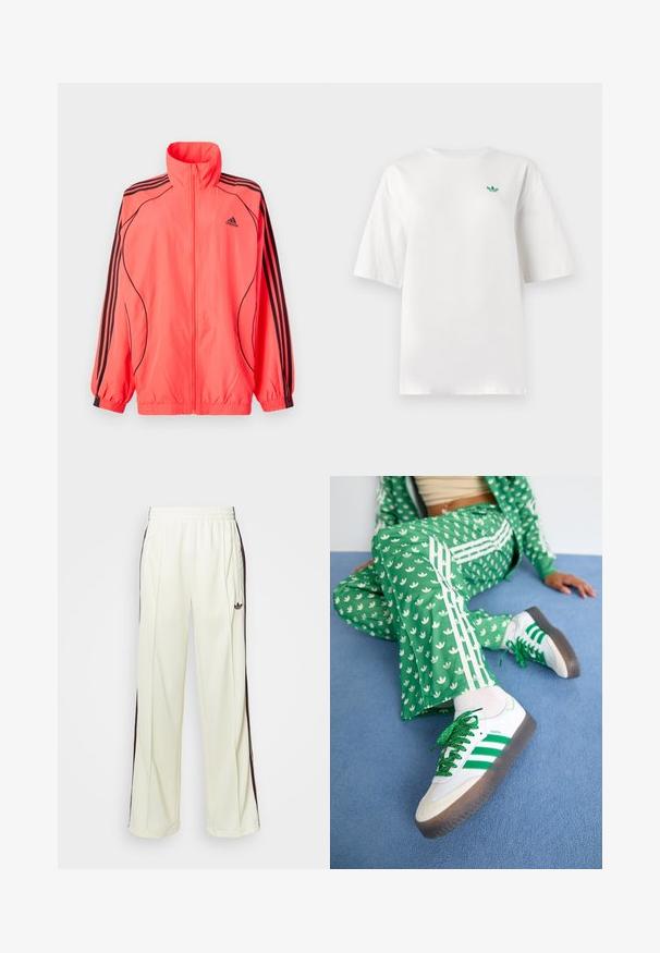 Fényes pink színű, cipzáros dzseki magas gallérral, fekete részletekkel és mindkét ujján három fekete csíkkal; könnyű, sima anyagból készült.; Fehér pamut póló, rövid ujjal és kerek nyakkivágással. Egy kis zöld logó található a bal mellrészen.; Krémszínű, laza szabású melegítőnadrág, sötétbarna oldalsávokkal és hímzett logóval a bal combon.; Zöld mintás tréningruha fehér virágmintákkal és fehér csíkokkal, fehér, zöld csíkos, csillogó fűzőjű sportcipővel párosítva.