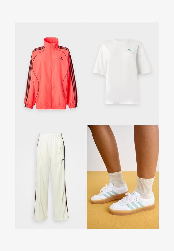Jacket rosa brilhante com fecho zip, gola alta, detalhes pretos e três riscas pretas em cada manga; feita de um tecido leve e suave.; T-shirt branca feita de algodão, com mangas curtas e gola redonda. Um pequeno logótipo verde está posicionado na área do peito esquerdo.; Calças de moletom de cor creme com um ajuste descontraído, apresentando riscas laterais castanhas-escuras e um logótipo bordado na coxa esquerda.; Ténis brancos com riscas verde menta, sola de borracha e atacadores, emparelhados com meias em creme com nervuras. Colocados contra um fundo amarelo.
