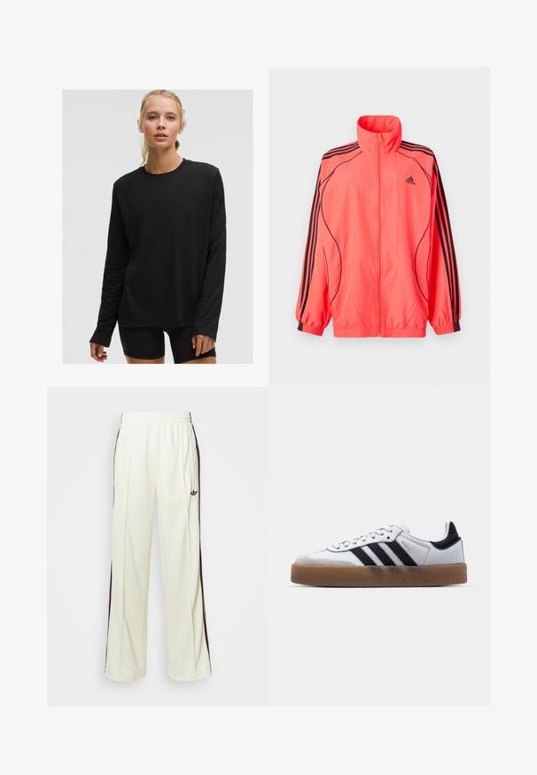 Felroze ritsjack met hoge kraag, zwarte accenten en drie zwarte strepen op elke mouw; gemaakt van lichtgewicht, gladde stof.; Zwarte lange mouwen shirt, gemaakt van zachte stof, heeft een ronde halslijn en een relaxte pasvorm. Soepele textuur, eenvoudig ontwerp, geen zichtbare patronen.; Crème-kleurige sweatpants met een relaxte pasvorm, voorzien van donkerbruine zijstrepen en een geborduurd logo op de linkerdij.; Witte leren sneakers met zwarte strepen, gumrubberen buitenzool, ronde neus, vetersluiting en een zachte grijze suède neuskap.