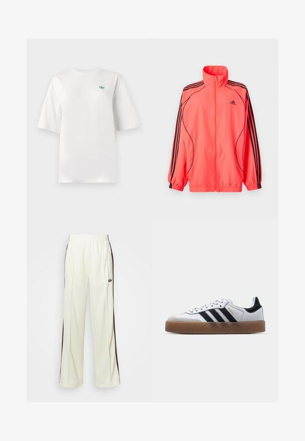 Jacket rosa brilhante com fecho zip, gola alta, detalhes pretos e três riscas pretas em cada manga; feita de um tecido leve e suave.; T-shirt branca feita de algodão, com mangas curtas e gola redonda. Um pequeno logótipo verde está posicionado na área do peito esquerdo.; Calças de moletom de cor creme com um ajuste descontraído, apresentando riscas laterais castanhas-escuras e um logótipo bordado na coxa esquerda.; Sapatilhas brancas em pele com riscas pretas, sola em borracha de gumo, bico redondo, fecho com atacadores e ponta em camurça cinza suave.