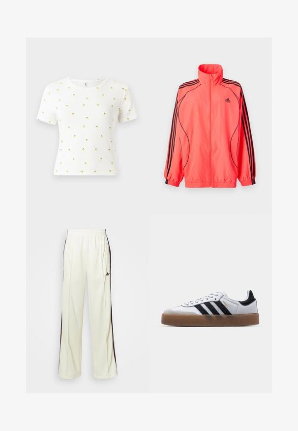 Bright pink zip-up jacket with high collar, black accents, and three black stripes on each sleeve; made from lightweight, smooth fabric.; White short-sleeve t-shirt made of ribbed fabric, featuring a scattered pattern of small yellow pineapples with green leaves.; Cream-colored sweatpants with a relaxed fit, featuring dark brown side stripes and an embroidered logo on the left thigh.; White leather sneakers with black stripes, gum rubber outsole, round toe, lace-up closure, and soft gray suede toe cap.