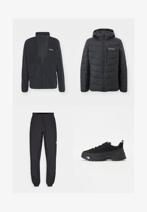 Melna pūkainā jaka ar pilnu rāvējslēdzēju un kapuci, ar horizontāliem kviltotiem paneļiem, kreiso krūšu kabatu un Columbia logo priekšā.; Melna vilnas džemperis ar puses rāvējslēdzēja apkakli, divām sānu kabatām ar rāvējslēdzēju un logo uz krūtīm. Tam ir gluda tekstūra un pieguļoši piedurknes.; Melni sporta bikses, kas izgatavotas no viegla auduma, ar savelcamu jostu, sānu kabatām un sašaurinātiem apakšējiem galiem pie potītēm.; Melni āra sporta apavi ar zamšādas virsu, teksturētu gumijas zoli un izturīgu auklu sistēmu. Iezīmēts ar pastiprinātu papēdi un zīmola logo sānu daļā.