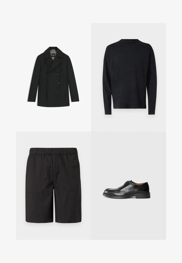 Black wool peacoat with double-breasted design, notched lapels, two front pockets, and five black buttons. Lined interior with tag.; Black long-sleeve shirt made of soft fabric. Features a crew neckline and dropped shoulders. Smooth texture with no visible patterns.; Black shorts with subtle vertical white pinstripes, elastic waistband, and two side pockets, made from lightweight, textured fabric.; Black leather dress shoe with a rounded toe, smooth surface, lace accents, and a low, textured rubber sole. Clean lines and minimal design.