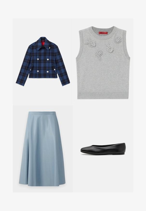 Marineblaues kariertes Jackett mit einem cropped Design, doppelreihiger Front, großen silbernen Knöpfen und einem spitzen Kragen. Strukturierter Stoff.; Hellgrauer ärmelloser Pullover mit einem gerippten Hals- und Saumabschluss. Verfügt über drei strukturierte Blumenapplikationen auf der Vorderseite. Markenlabel: MAX&Co.; Ein hellblauer, ausgestellter Rock aus glattem Material, der ein minimalistisches Design mit einer klaren Taille und ohne sichtbare Verschlüsse aufweist.; Paul Smith TOPANGA - Klassischer Ballerina - black