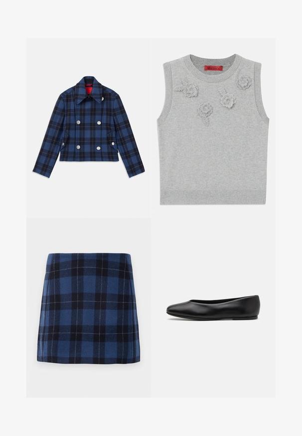 Marineblaues kariertes Jackett mit einem cropped Design, doppelreihiger Front, großen silbernen Knöpfen und einem spitzen Kragen. Strukturierter Stoff.; Hellgrauer ärmelloser Pullover mit einem gerippten Hals- und Saumabschluss. Verfügt über drei strukturierte Blumenapplikationen auf der Vorderseite. Markenlabel: MAX&Co.; Karierte Minirock in Dunkelblau und Marineblau, aus weichem Stoff mit leicht strukturiertem Finish. Verfügt über einen geraden Schnitt und klare Linien.; Paul Smith TOPANGA - Klassischer Ballerina - black