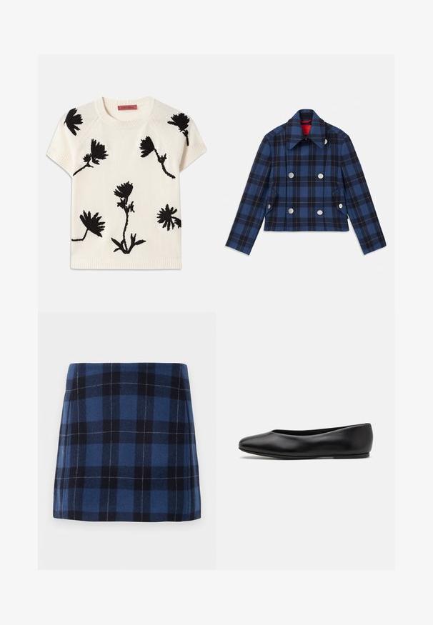 Jakna s kariranim vzorcem v mornarsko modri barvi, s skrajšanim dizajnom, dvorednim zapenjanjem, velikimi srebrnimi gumbi in koničastim ovratnikom. Tekstura tkanine.; Kratke rokave krema pulover z črnimi cvetličnimi vezeninami. Okrogla izreza in rebrast rob. Mehka tekstura z sproščenim fit.; Karirana mini krila v temno modri in mornarski barvi, izdelana iz mehke tkanine z rahlo teksturirano površino. Ima ravno rez in čiste linije.; Paul Smith TOPANGA - Balerinke - black