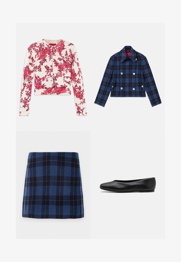 Veste à carreaux bleu marine avec un design court, un devant double boutonnage, de grands boutons argentés et un col pointu. Tissu texturé.; Cardigan à motifs floraux rouges en tissu doux et extensible, avec un col rond et des poignets côtelés, featuring une fermeture à boutons sur le devant.; Jupe mini en tartan bleu foncé et marine, fabriquée en tissu doux avec une finition légèrement texturée. Présente une coupe droite et des lignes épurées.; Paul Smith TOPANGA - Ballerines - black