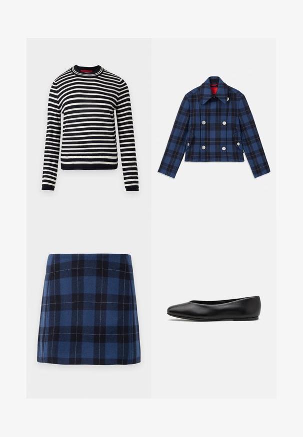 Navy blue plaid jacket with a cropped design, double-breasted front, large silver buttons, and a pointed collar. Textured fabric.; Black and white striped sweater, crew neck, long sleeves, ribbed cuffs and hem. Made of soft fabric with evenly spaced horizontal stripes.; Plaid mini skirt in dark blue and navy, made of soft fabric with a slightly textured finish. Features a straight cut and clean lines.; Paul Smith TOPANGA - Ballet pumps - black