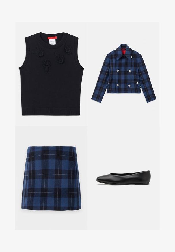 Navyblauwe geruite jas met een cropped ontwerp, dubbelzijdige voorkant, grote zilveren knopen en een puntige kraag. Getextureerde stof.; Zwarte mouwloze trui met een geribbelde halslijn en zoom. Bevat textuur bloemapplicaties aan de voorkant. Zacht gebreid materiaal.; Geruite mini rok in donkerblauw en marineblauw, gemaakt van een zachte stof met een licht gestructureerde afwerking. Heeft een rechte snit en strakke lijnen.; Paul Smith TOPANGA - Ballerina's - black