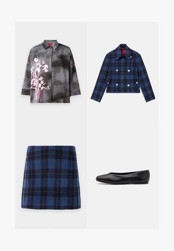 Veste à carreaux bleu marine avec un design court, un devant double boutonnage, de grands boutons argentés et un col pointu. Tissu texturé.; Blouse en satin gris avec un motif floral rose, dotée d'un devant à boutons, d'un col et de manches trois-quarts. Texture lisse et coupe décontractée.; Jupe mini en tartan bleu foncé et marine, fabriquée en tissu doux avec une finition légèrement texturée. Présente une coupe droite et des lignes épurées.; Paul Smith TOPANGA - Ballerines - black