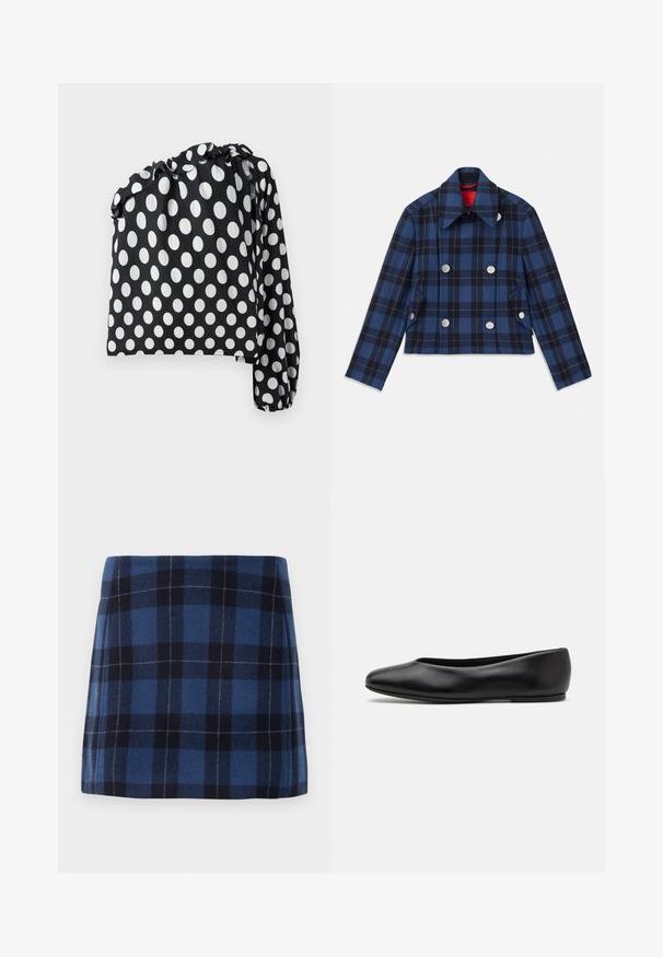 Chaqueta de cuadros azul marino con un diseño corto, frente cruzado, grandes botones plateados y un cuello puntiagudo. Tejido texturizado.; Top de lunares en blanco y negro con una manga larga, escote drapeado y tejido texturizado. Presenta grandes círculos blancos sobre un fondo negro.; Falda corta de cuadro en azul oscuro y marino, hecha de una tela suave con un acabado ligeramente texturizado. Presenta un corte recto y líneas limpias.; Paul Smith TOPANGA - Bailarinas - black