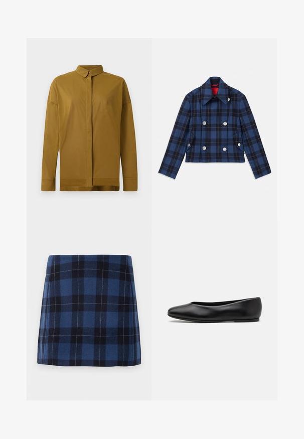 Jachetă în carouri navy blue, cu un design scurt, cuhlă dubla, nasturi mari argintii și guler ascuțit. Material texturat.; Cămașă lungă, maro, cu maneci lungi, cu guler ascuțit, deschidere cu nasturi în față și textură de material neted. Croială ajustată cu tiv drept.; Fustă mini în carouri, de culoare albastră închisă și bleumarin, confecționată dintr-un material moale cu un finisaj ușor texturat. Prezintă o croială dreaptă și linii curate.; Paul Smith TOPANGA - Balerini - black