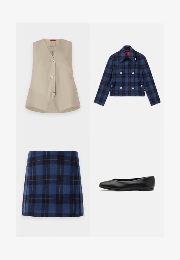Navy blue plaid jacket with a cropped design, double-breasted front, large silver buttons, and a pointed collar. Textured fabric.; Beige sleeveless vest with a V-neck, featuring three wooden buttons and a straight hem. Made from smooth fabric with a clean design.; Plaid mini skirt in dark blue and navy, made of soft fabric with a slightly textured finish. Features a straight cut and clean lines.; Paul Smith TOPANGA - Ballet pumps - black