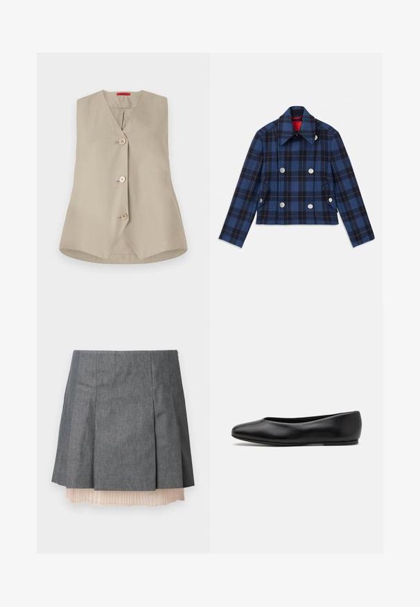 Chaqueta de cuadros azul marino con un diseño corto, frente cruzado, grandes botones plateados y un cuello puntiagudo. Tejido texturizado.; Chaleco sin mangas color beige con escote en V, que presenta tres botones de madera y un dobladillo recto. Fabricado en tela suave con un diseño limpio.; Falda gris con pliegues y un acabado texturizado, que cuenta con una capa inferior de pliegues en color rosa claro semitransparente y un cierre lateral con cremallera.; Paul Smith TOPANGA - Bailarinas - black